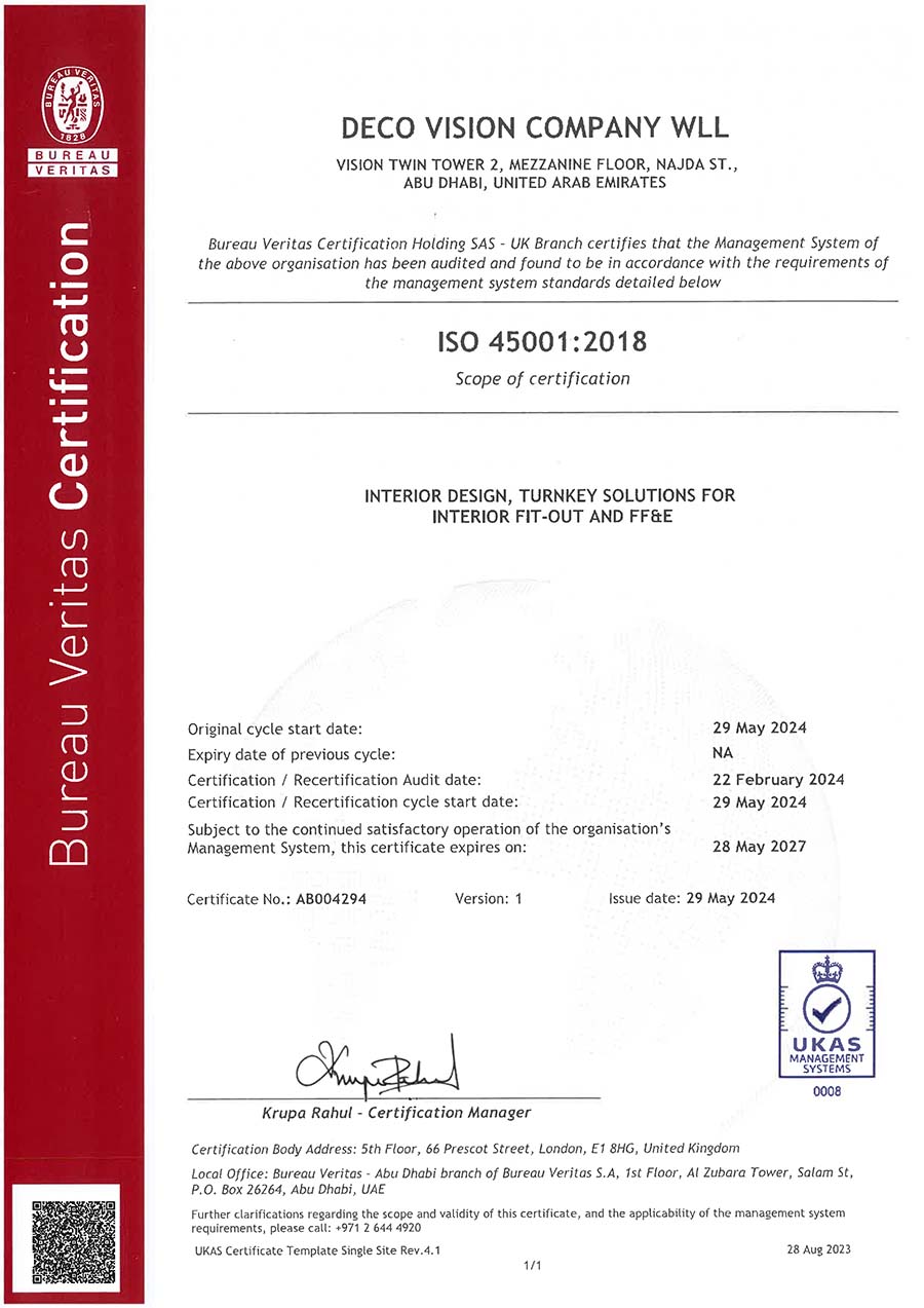 Decovision ISO 45001 2018 occupational health and safety certification