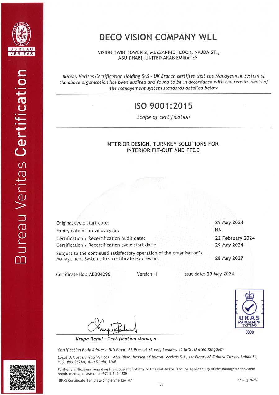 Decovision ISO 9001 2015 quality management system certification