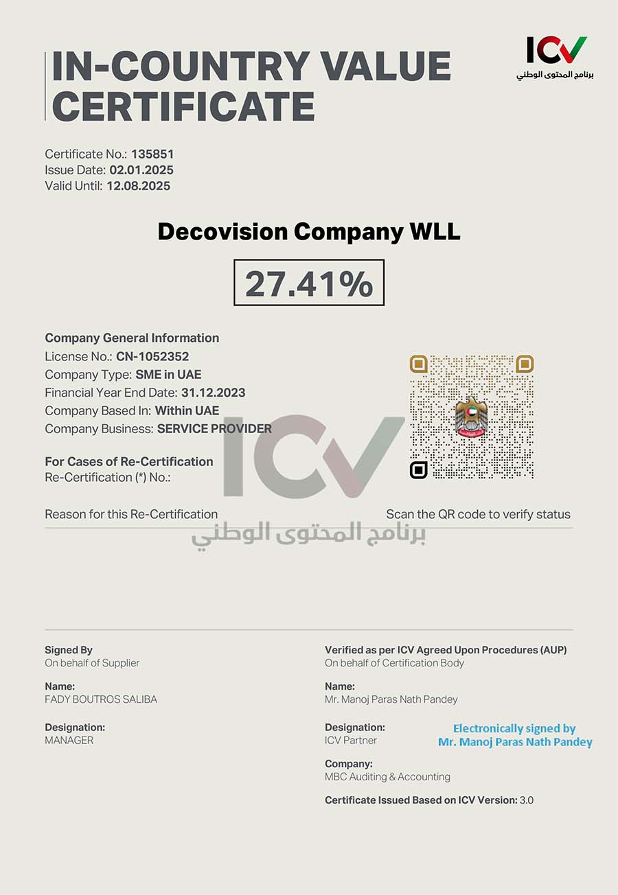 Decovision In-Country Value ICV certification valid until August 2025